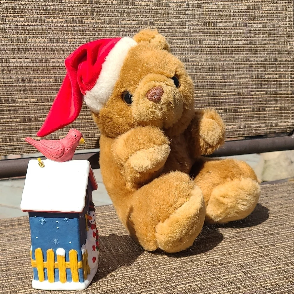 Vintage‎ Holiday Teddy Bear Santa Hat & Cermamic Bird House Bell Bundle